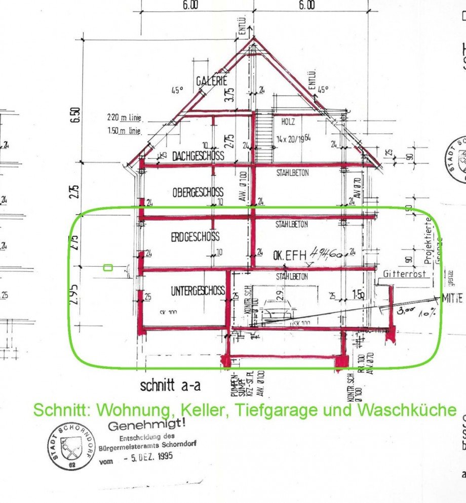 Schnitt aus Schurwaldstr. 73, Baugesuch 1995-3 Etagenwohnung Schorndorf